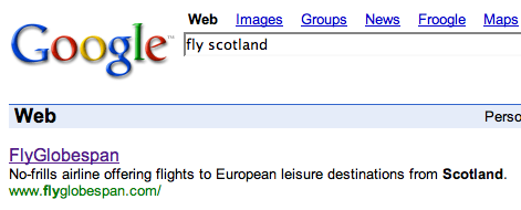 Screenshot of a Google search I did that pointed me to flyglobespan.com